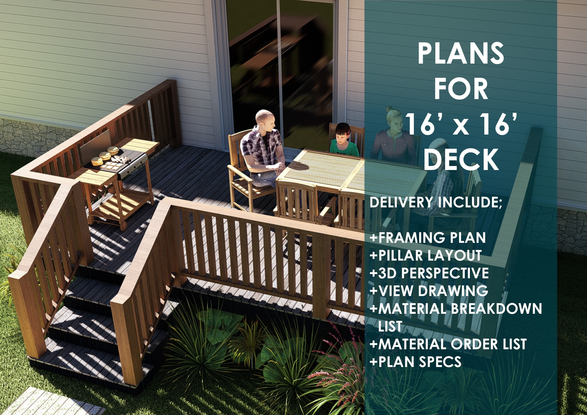 Deck Plans Drawing Set 16 39 x16 Deck Drawings Deck Blueprints DIY 