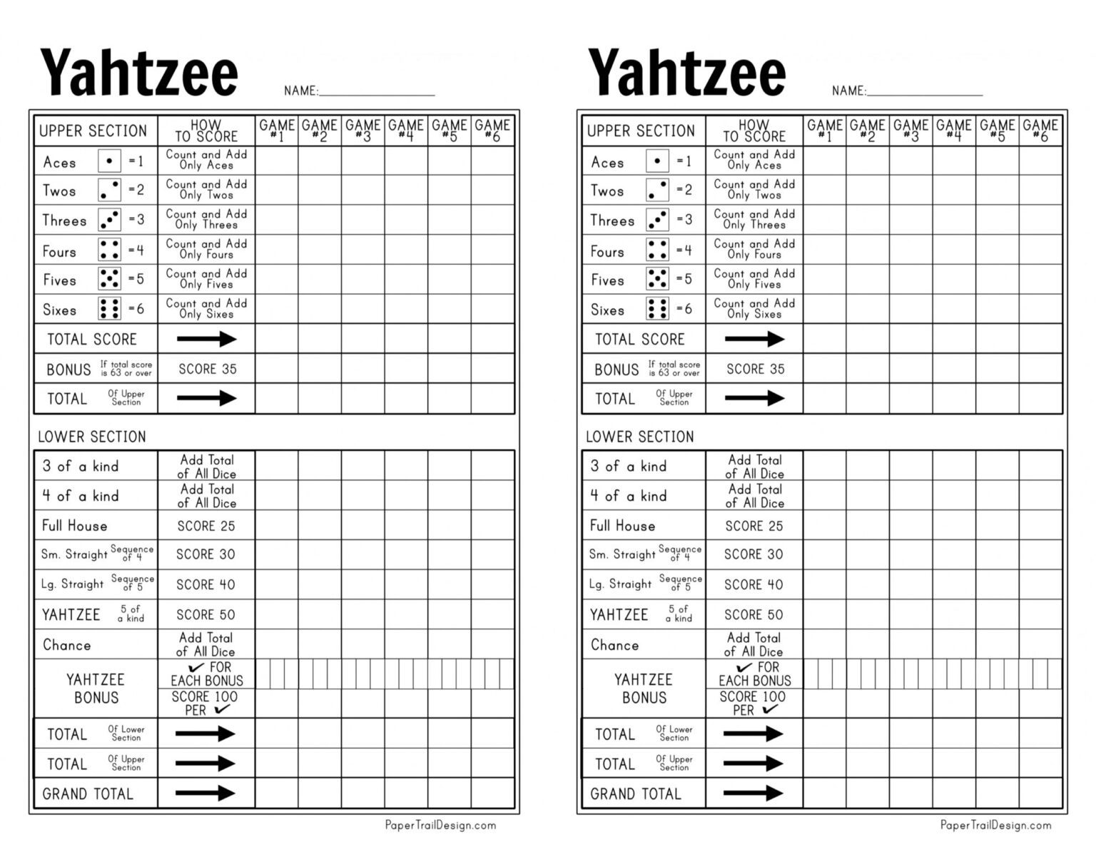 Free Printable Yahtzee Score Card Paper Trail Design
