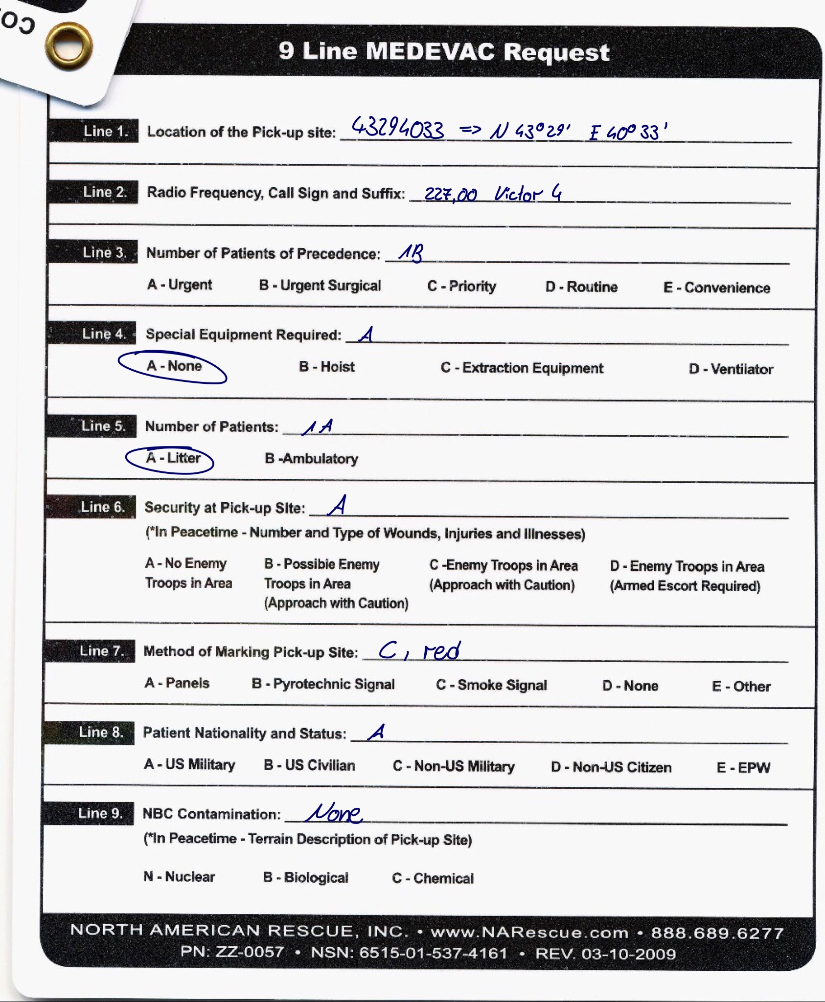 Nato 9 Line Medevac Card