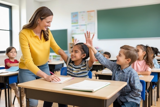 Premium Photo Happy Elementary School Teacher Giving Highfive To Her