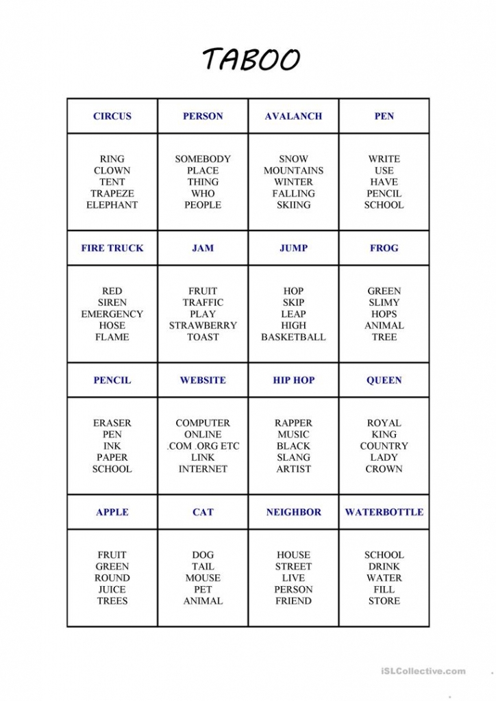 Taboo Cards Printable