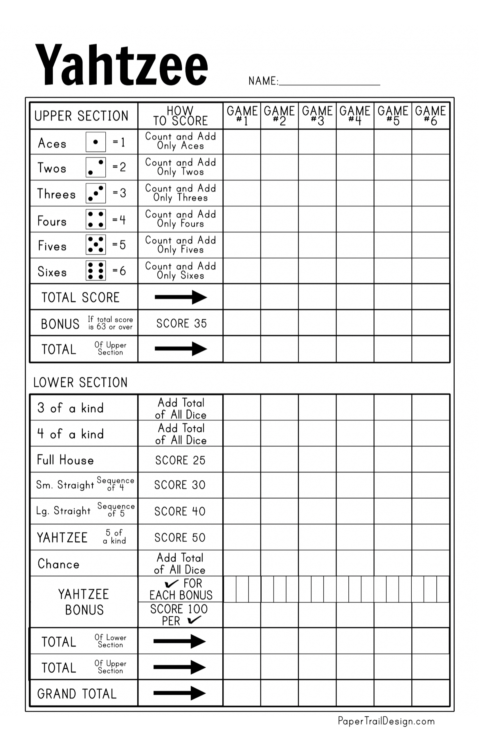 Yahtzee Printable Score Cards